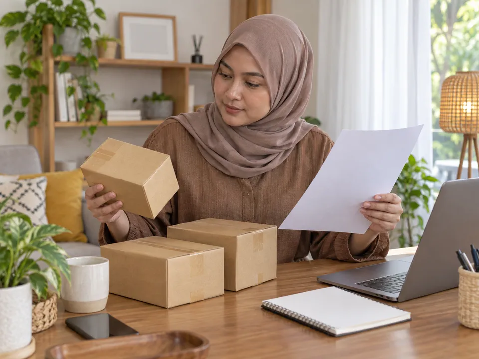 Ilustrasi pelanggan berblaus coklat dan bertudung memeriksa tiga kotak tertutup bersama kertas kosong.
